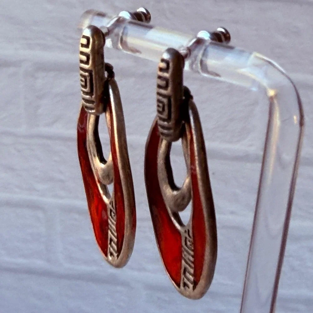 Vintage 1990s Chico's Red Jointed Statement Dangle Earrings Modernist Pierced‎